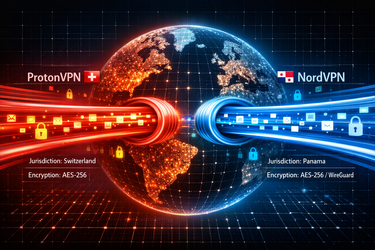 Detailed () editorial illustration showing two VPN tunnels side by side as glowing fiber-optic tubes passing through a