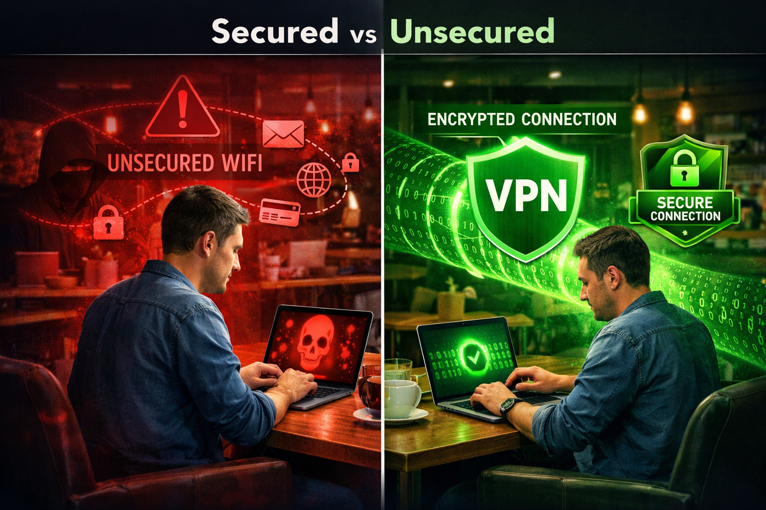 Detailed () image showing a split-scene: left side depicts a remote worker on a laptop in a coffee shop with a red warning