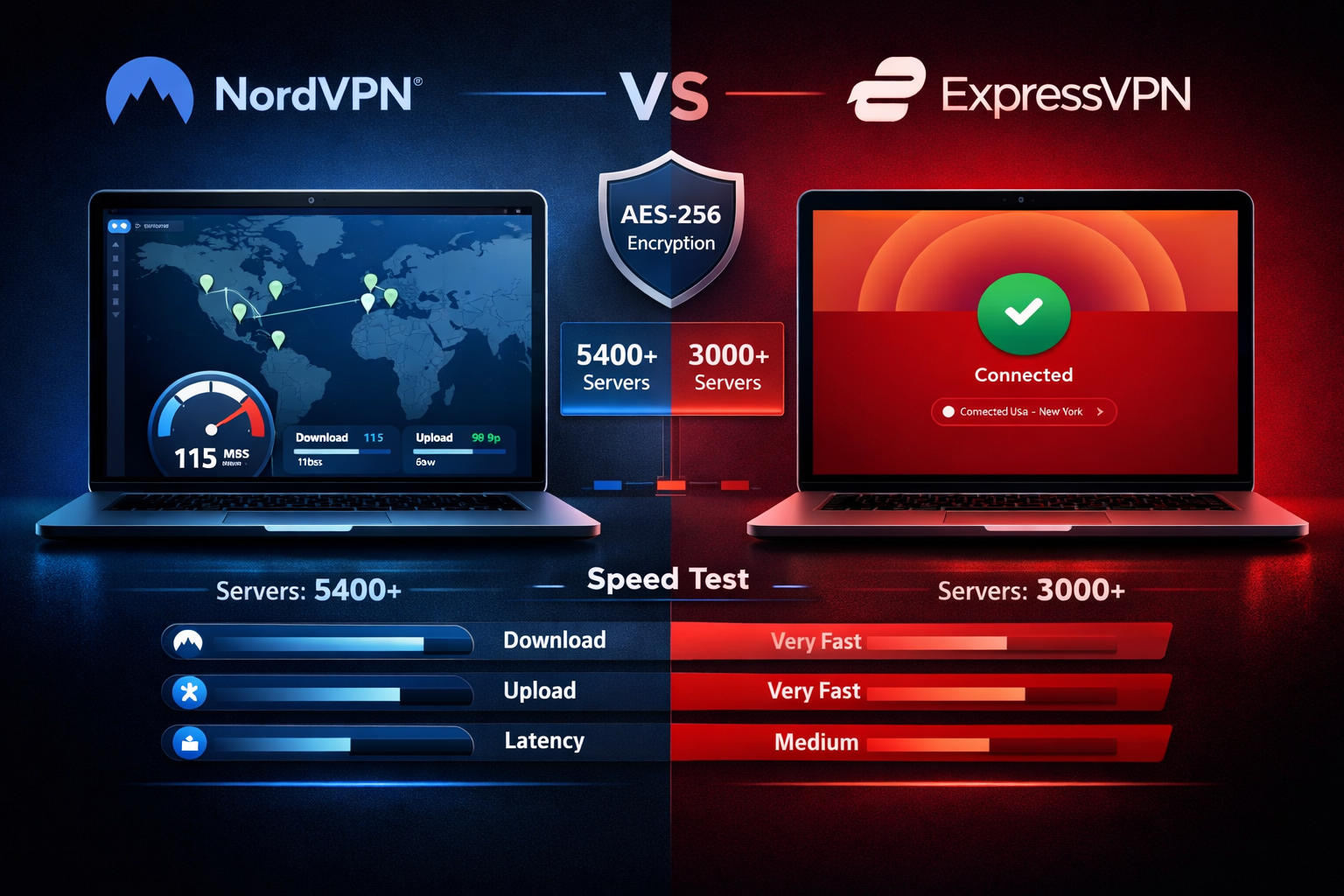 Detailed () infographic-style illustration showing a head-to-head comparison dashboard for NordVPN vs ExpressVPN. Split