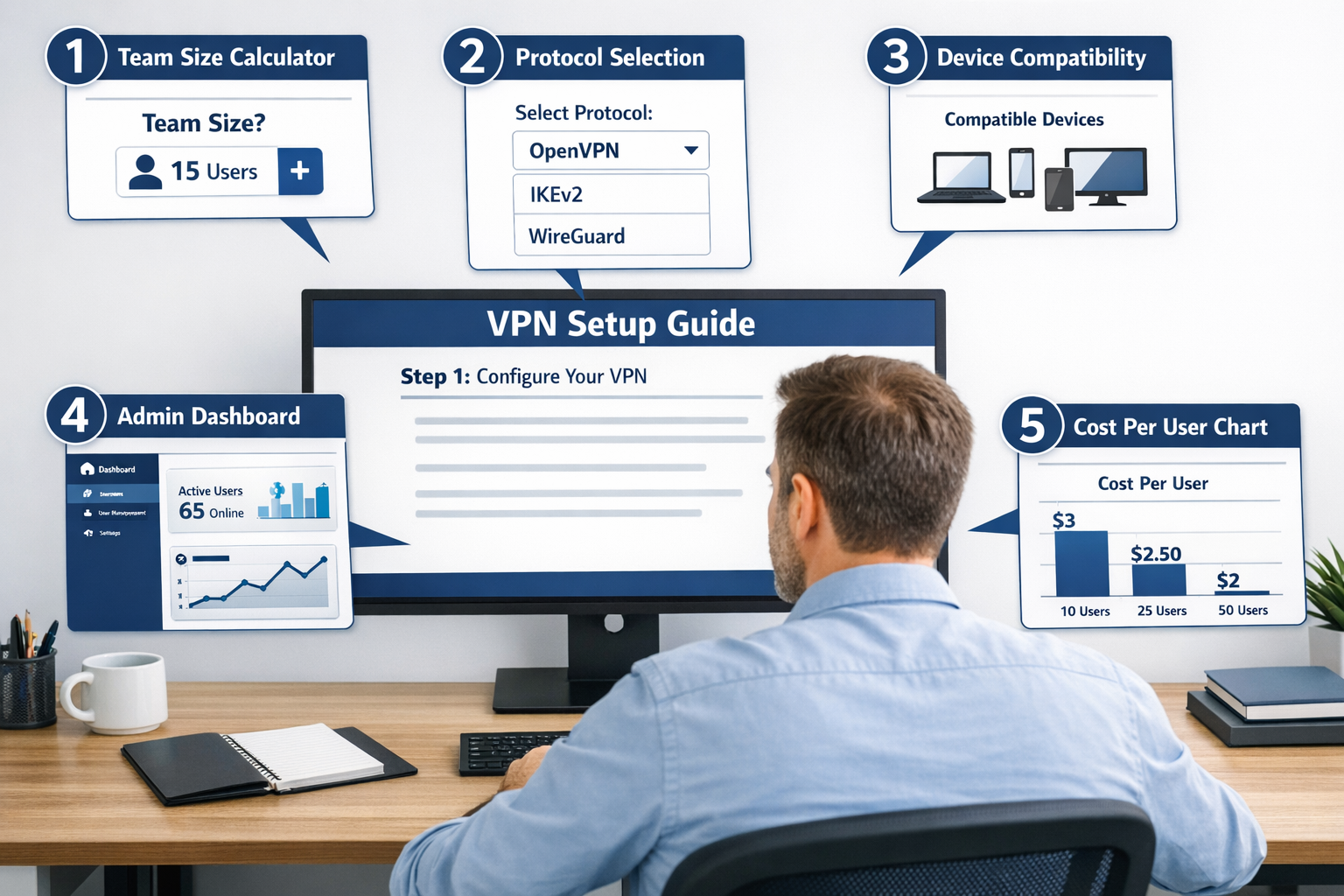 Detailed () step-by-step visual checklist showing a business owner at a desk reviewing a VPN setup guide on a monitor, with
