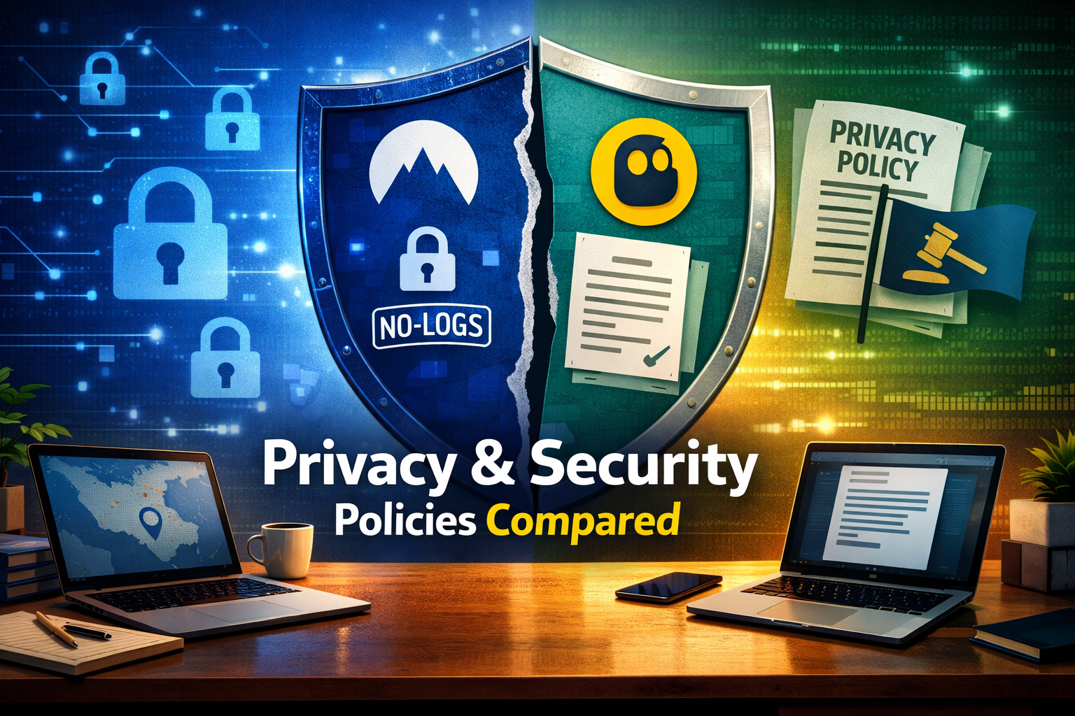 () concept illustration showing a business security shield split down the middle, left half branded NordVPN navy blue with