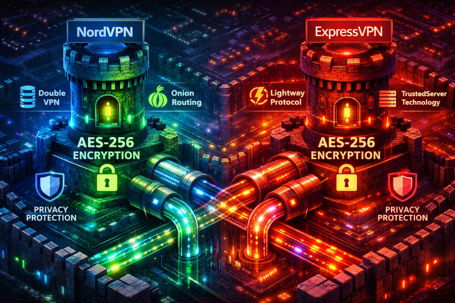 () conceptual illustration of VPN security and privacy features comparison. Top-down aerial view of a digital fortress with
