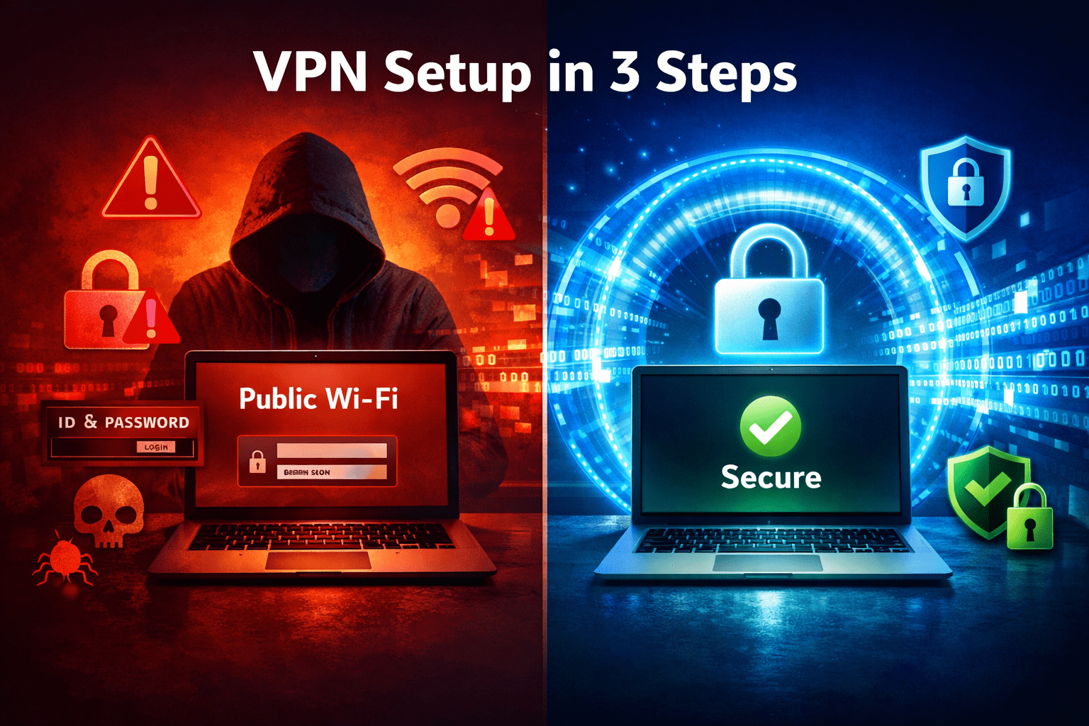 () conceptual illustration showing a split-screen: left side depicts an unsecured public WiFi hotspot with red warning icons