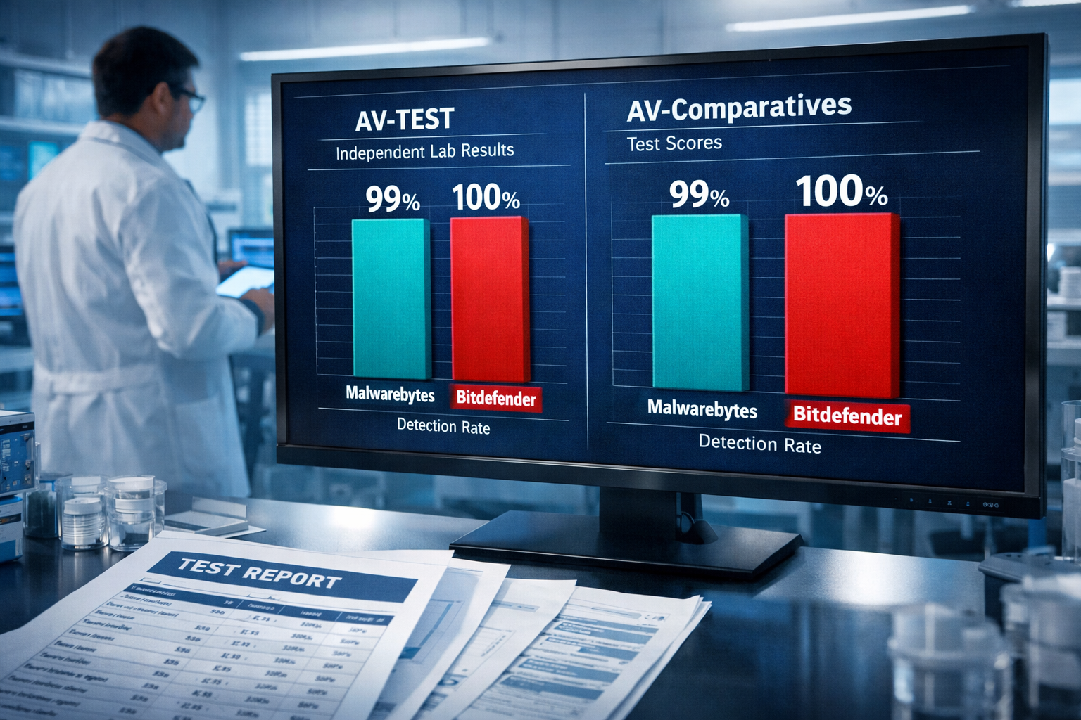 () data visualization scene showing AV-TEST and AV-Comparatives independent lab test score charts as large bar graphs on a