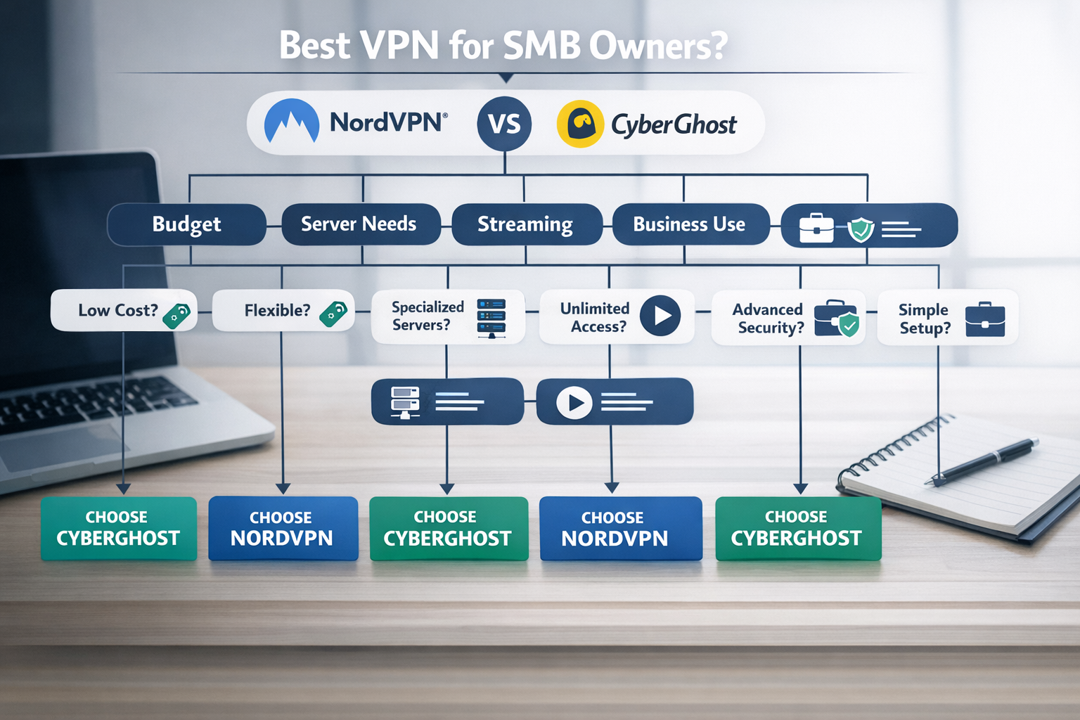 () decision-tree style visual showing a flowchart helping SMB owners choose between NordVPN and CyberGhost, with branching