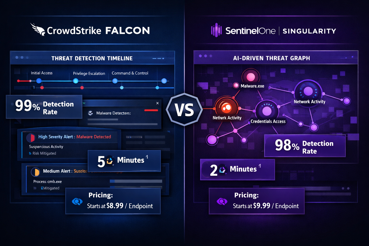 () detailed comparison infographic showing two endpoint detection platforms side by side: CrowdStrike Falcon interface on