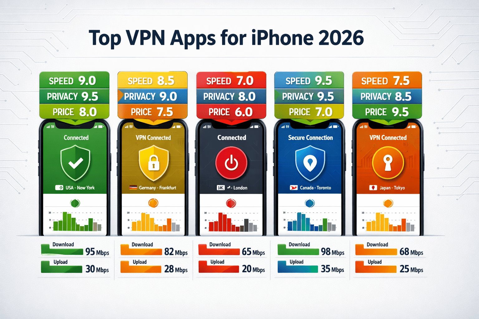 () editorial illustration showing a side-by-side comparison panel of five VPN app interfaces on iPhone screens arranged in a