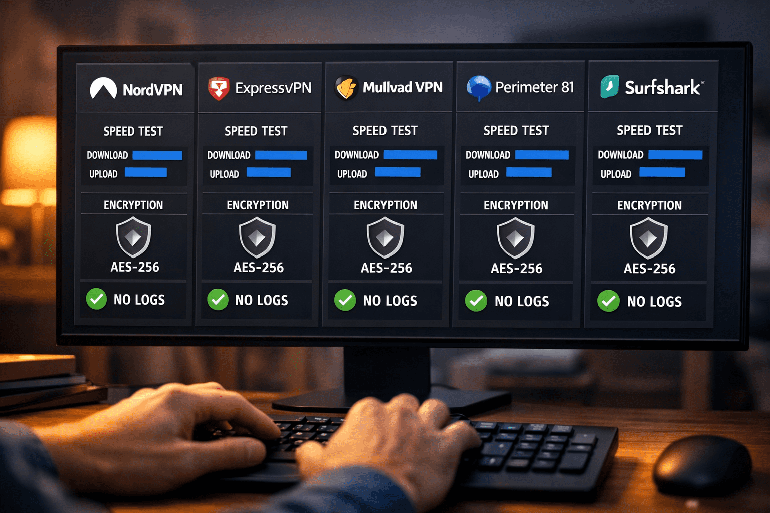 () editorial illustration showing a side-by-side comparison panel of five VPN provider logos (NordVPN, ExpressVPN, Mullvad,