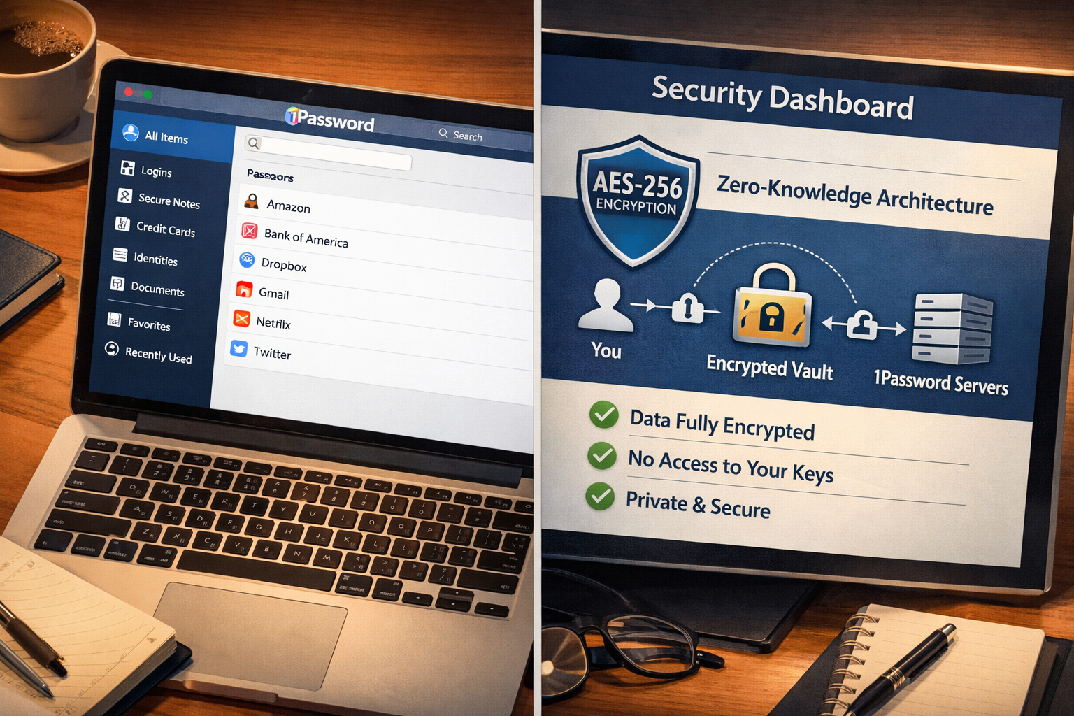 () editorial illustration showing a split-screen comparison: left side displays 1Password's clean vault interface on a