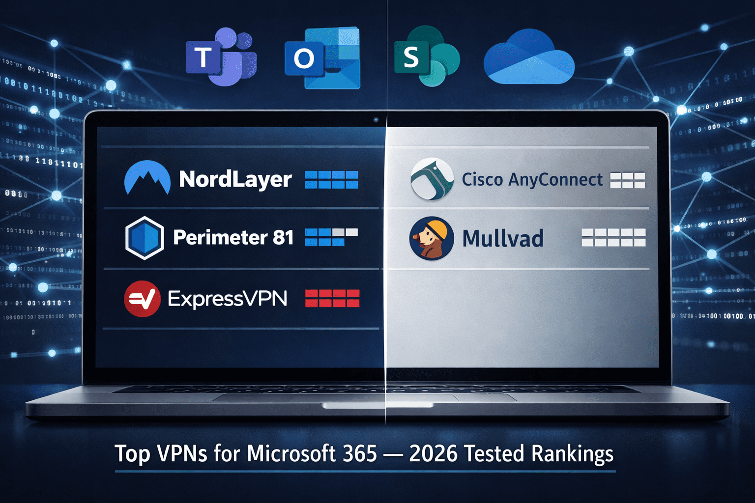 () editorial illustration showing a split-screen comparison of five VPN service logos (NordLayer, Perimeter 81, ExpressVPN,