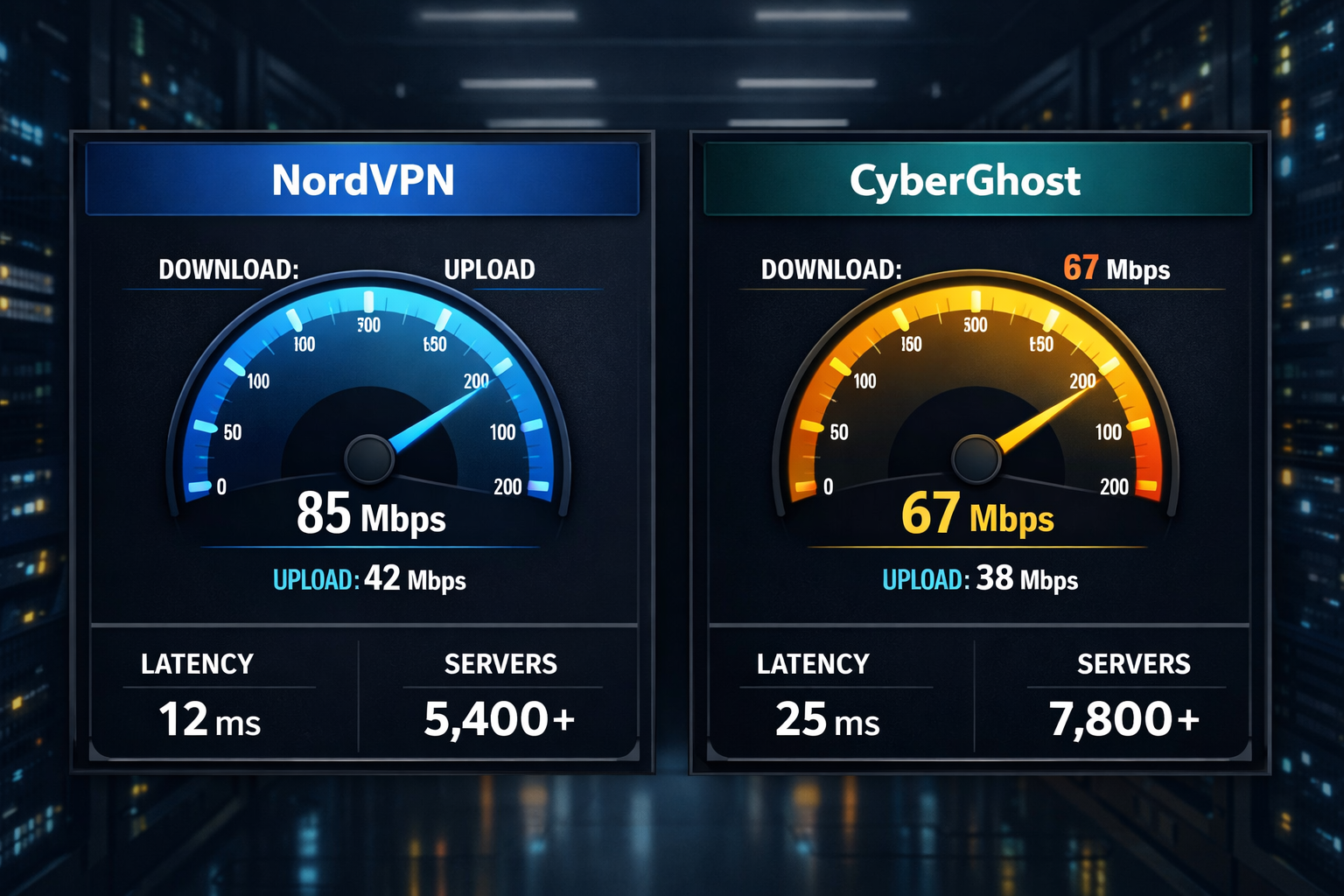 () editorial infographic showing a side-by-side speed test dashboard comparison between NordVPN and CyberGhost, with
