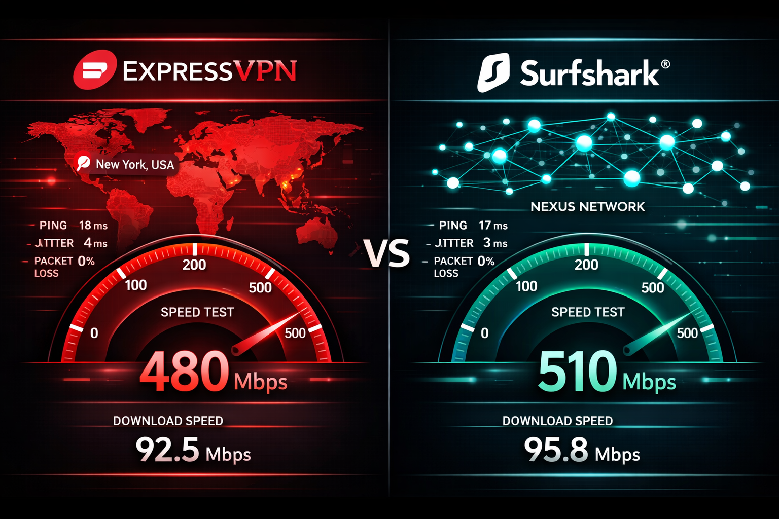 () infographic-style illustration showing a side-by-side speed test dashboard comparison between ExpressVPN and Surfshark.