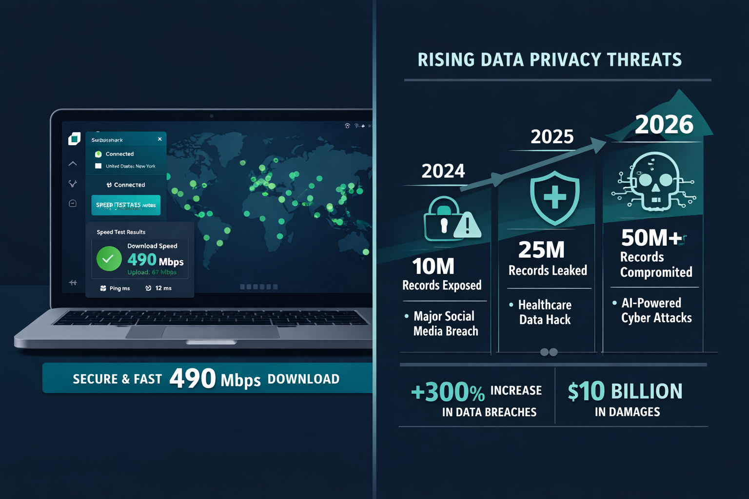 () infographic-style illustration showing a split-screen comparison: left side displays a laptop with Surfshark VPN app open
