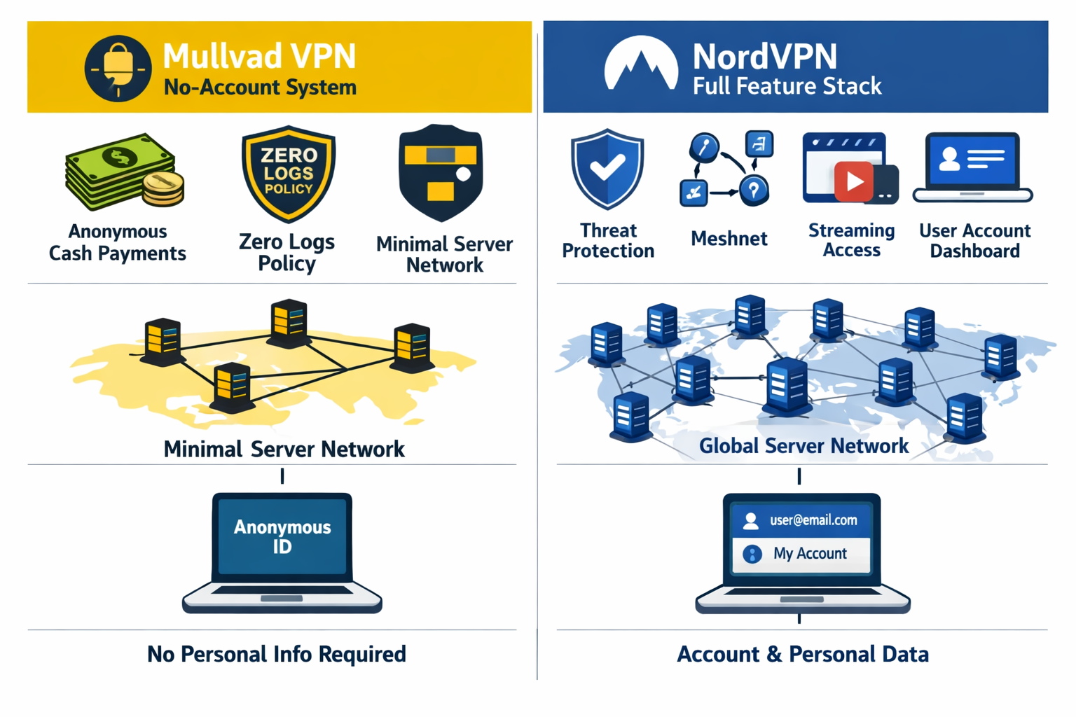 () infographic-style illustration showing two VPN privacy architecture diagrams side by side. Left panel: Mullvad's