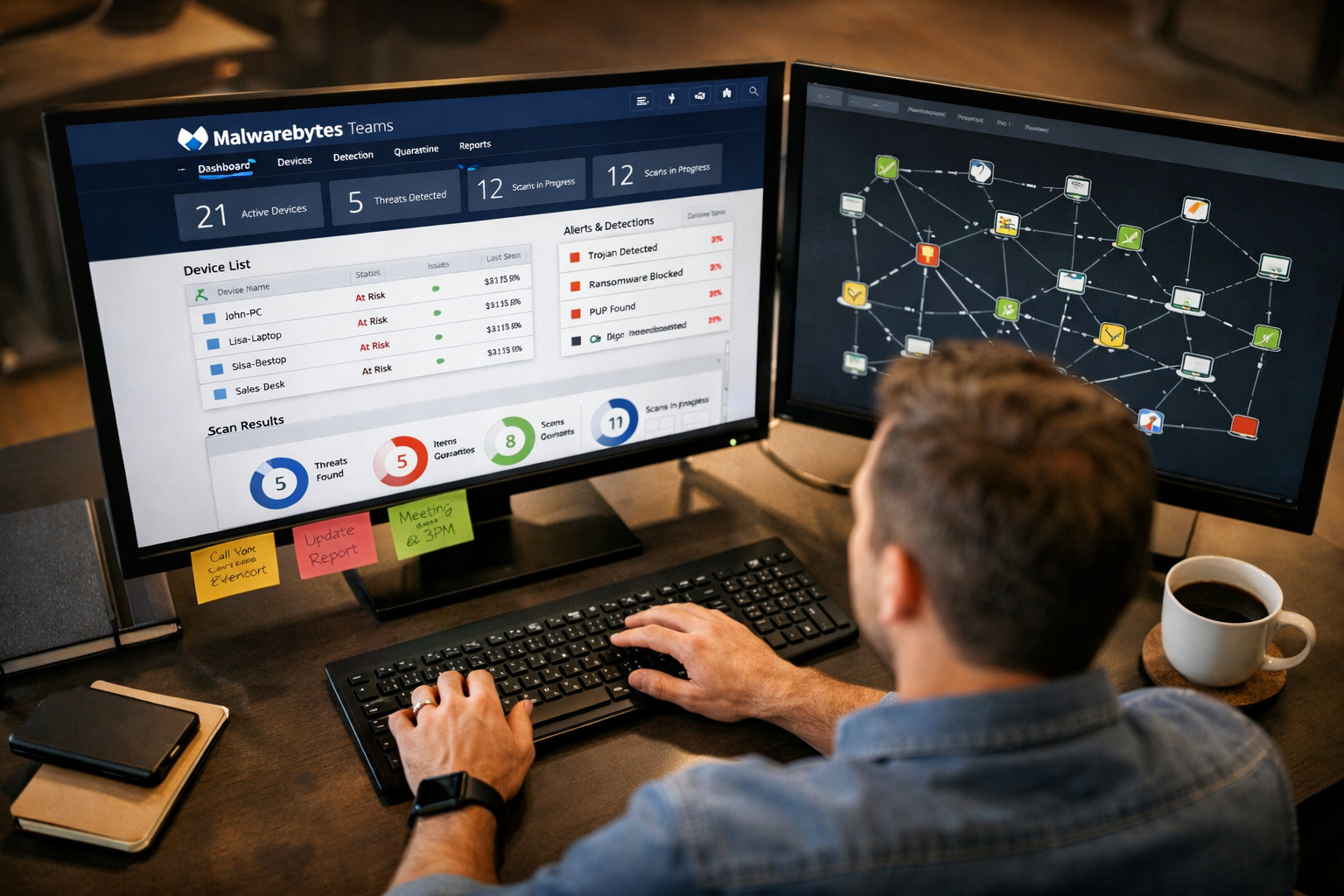 () overhead shot of a small business IT manager at a modern desk reviewing a security dashboard on dual monitors showing