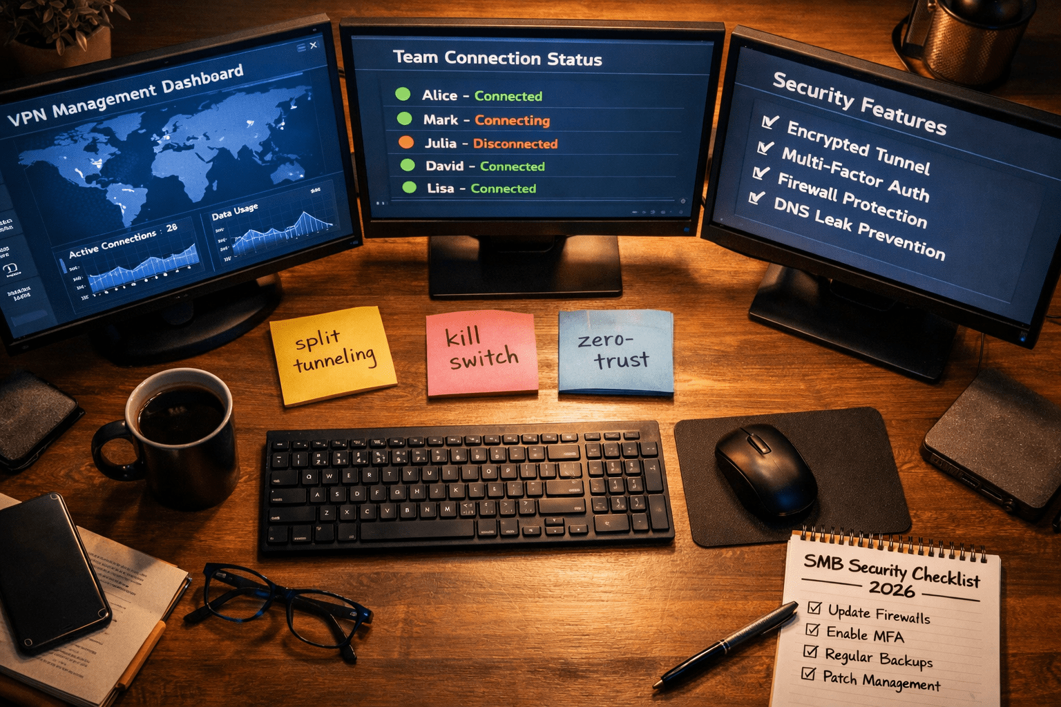 () overhead shot of an IT manager's desk with multiple monitors showing a VPN management dashboard, team connection status
