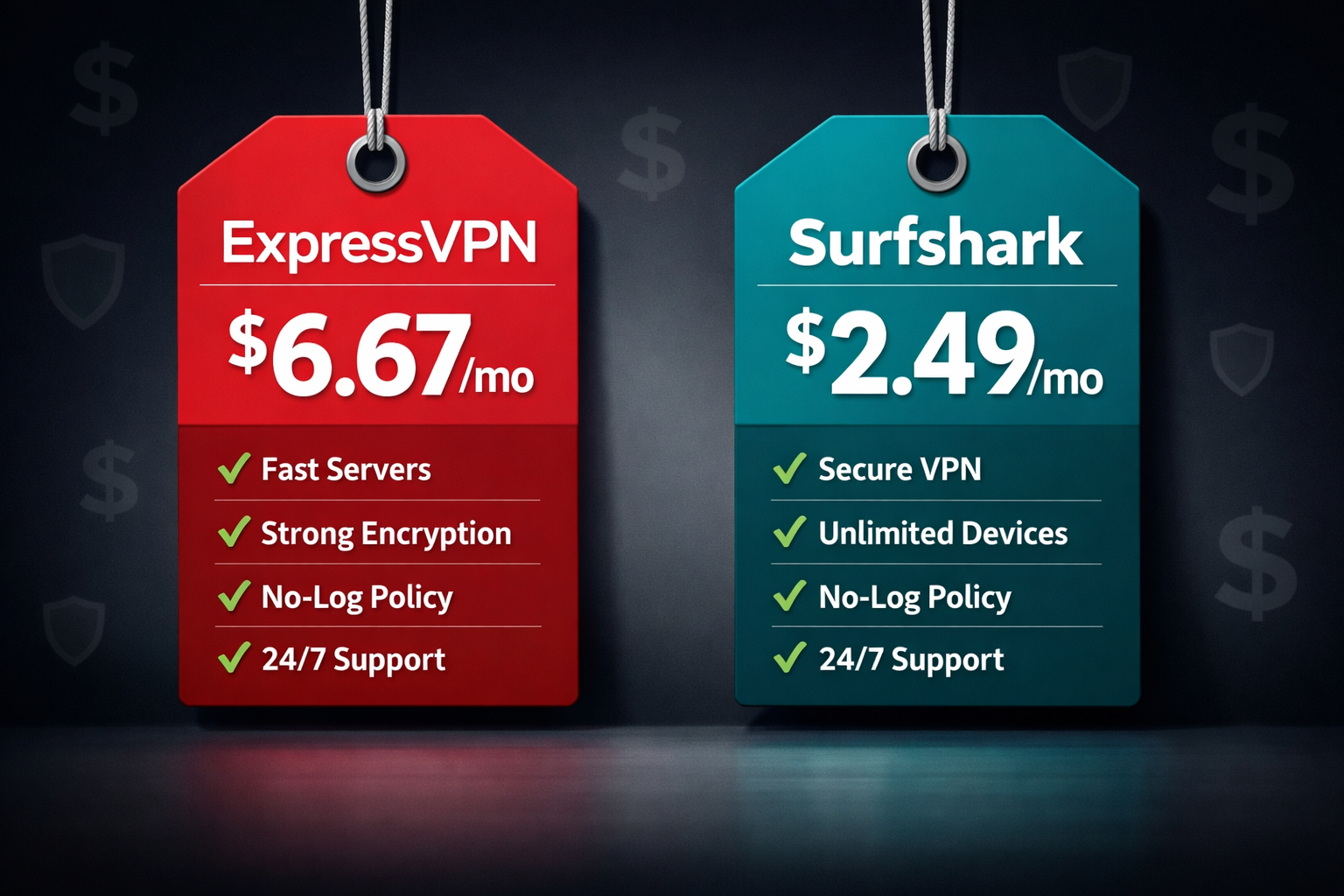 () showing a modern pricing comparison visual: two large price tags hanging in a minimalist digital space, one red labeled