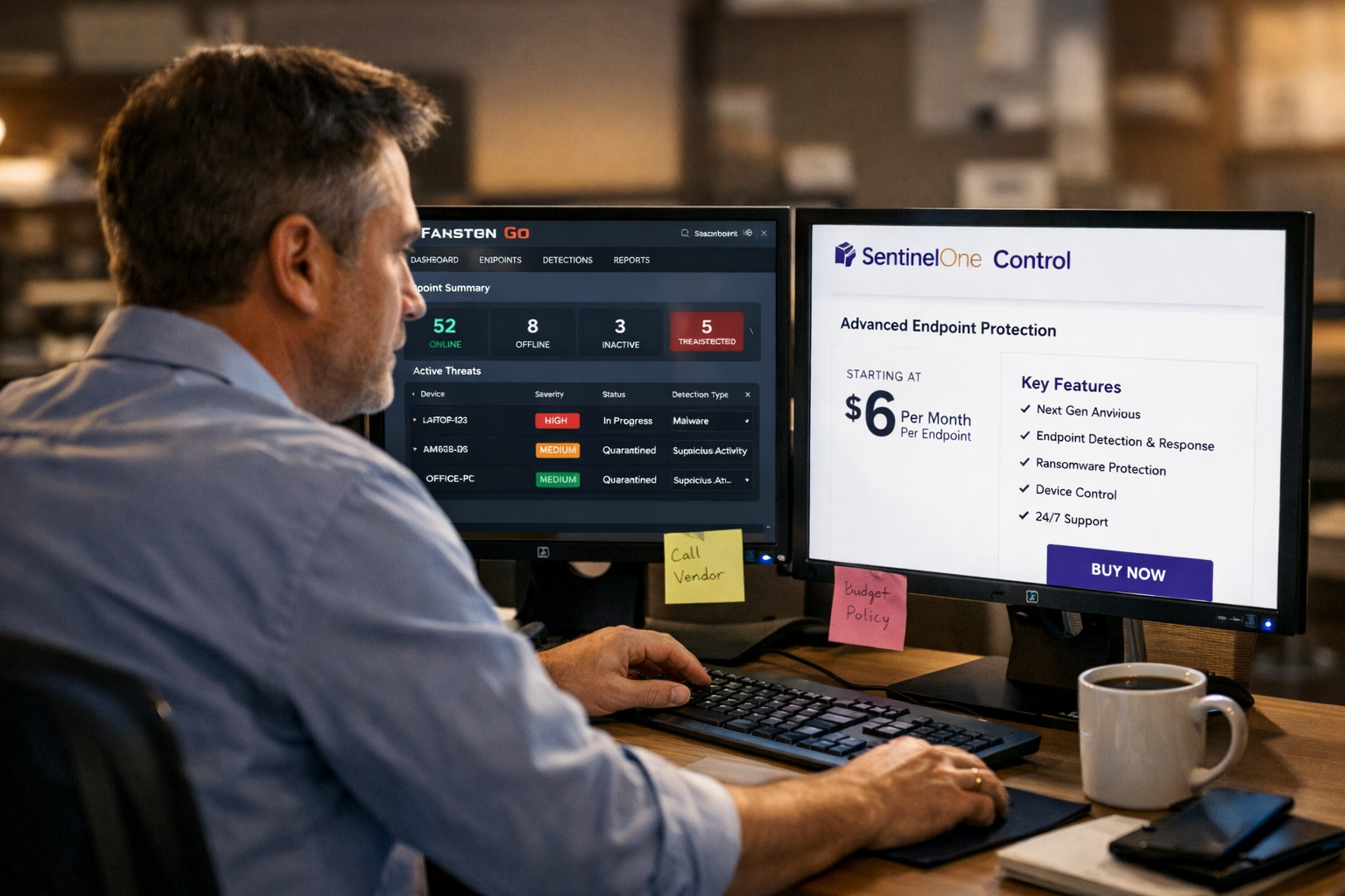 () showing a realistic SMB office environment with a focused IT manager at a dual-monitor workstation, one screen displaying