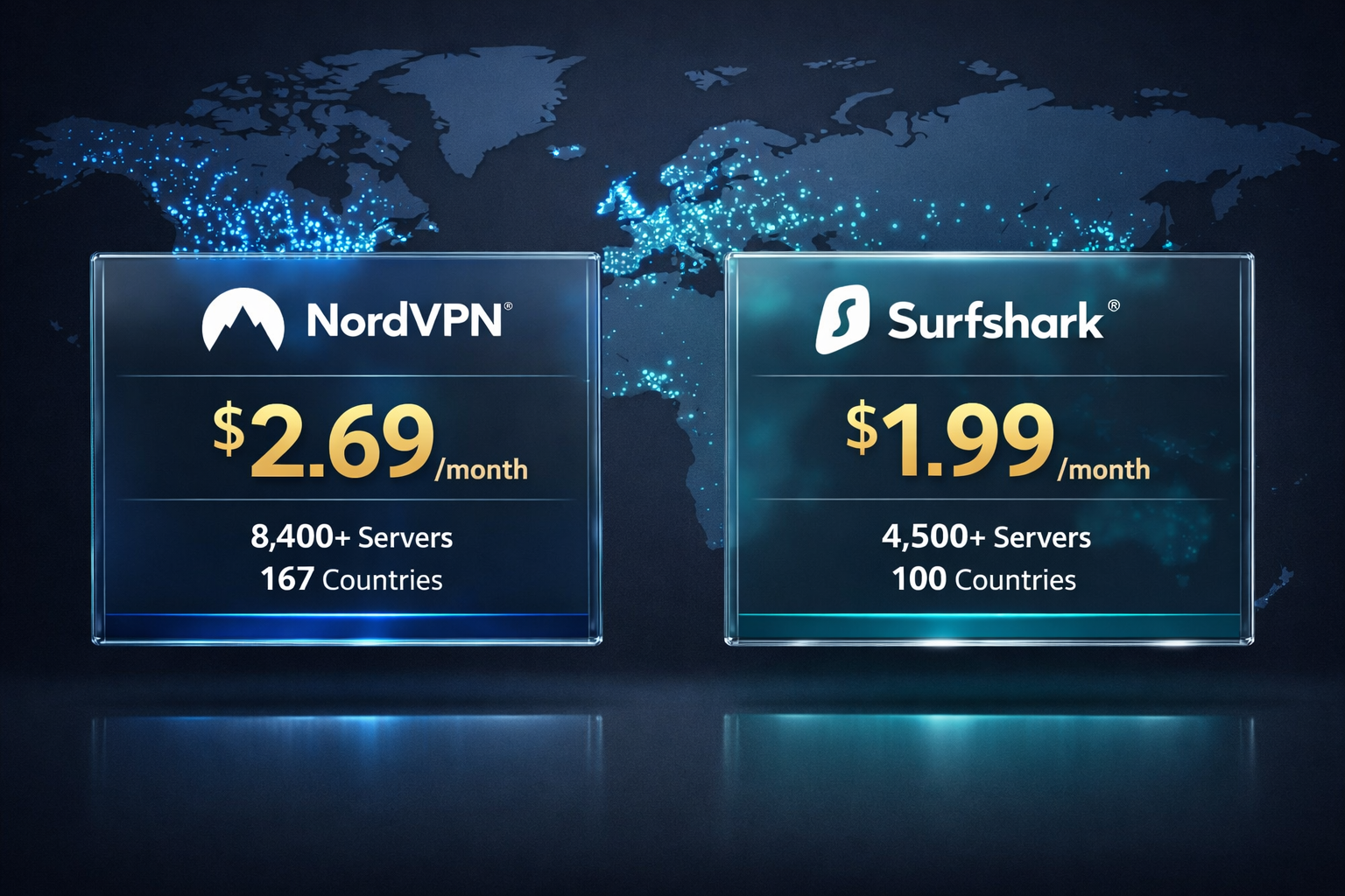 () showing a side-by-side pricing comparison table rendered as a clean digital display on a floating glass panel. Left panel