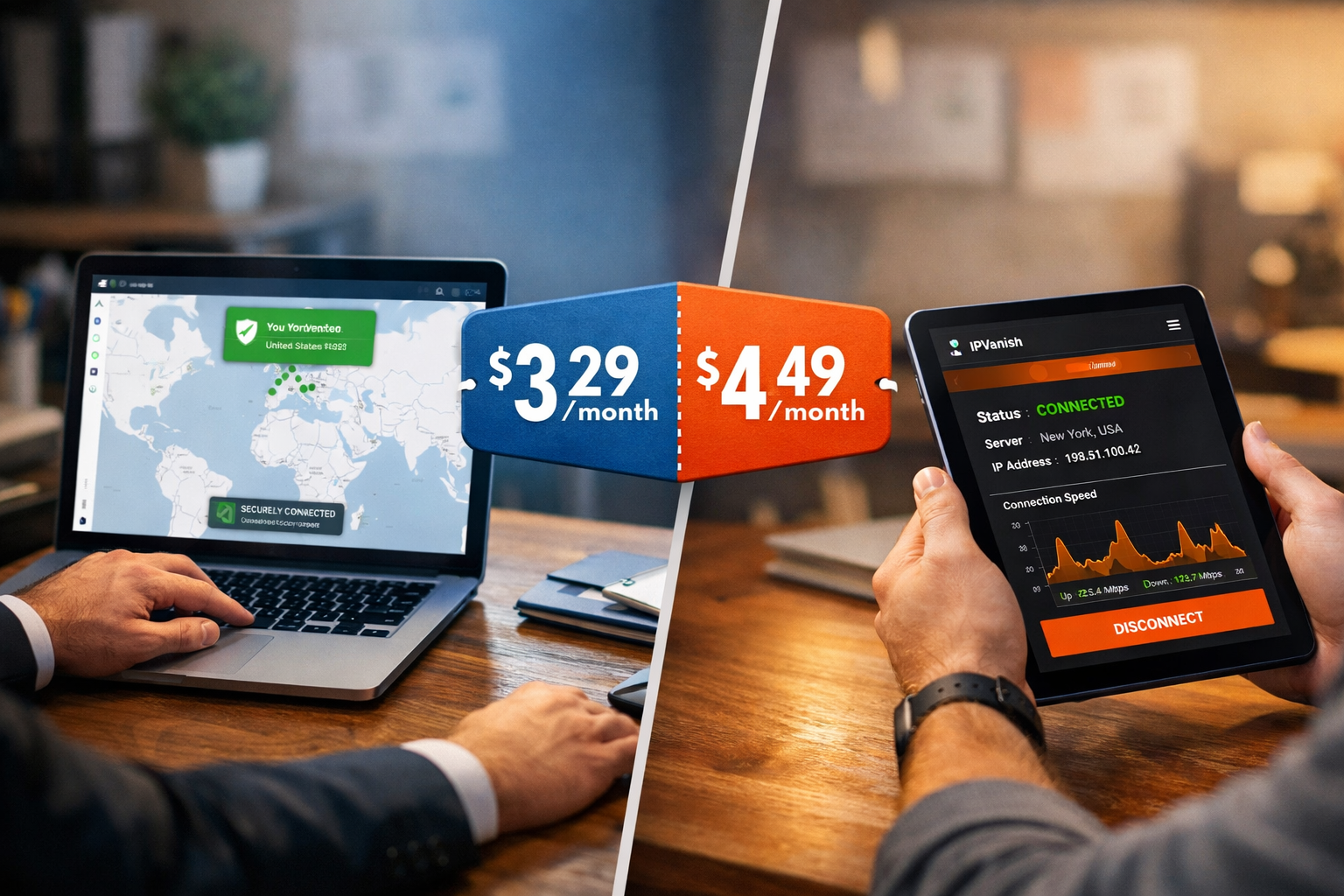 () showing a split business desk scene: left side features a laptop screen displaying NordVPN dashboard interface with green