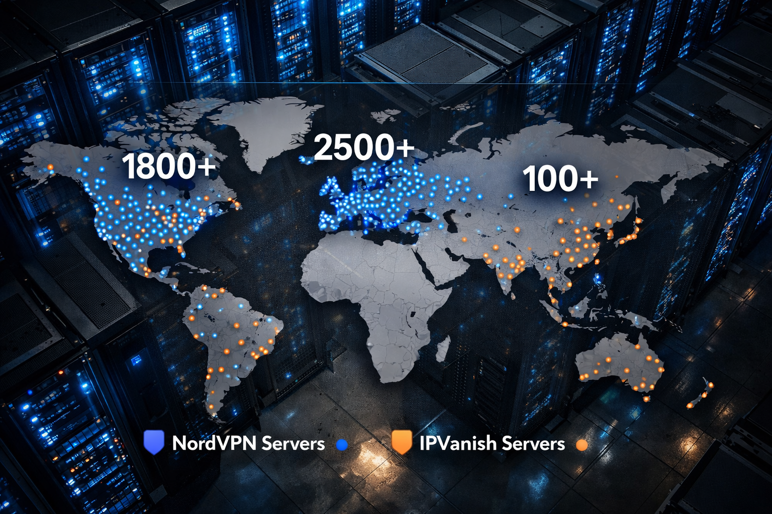 () showing a top-down birds-eye view of a physical server room with glowing blue rack lights, overlaid with a world map
