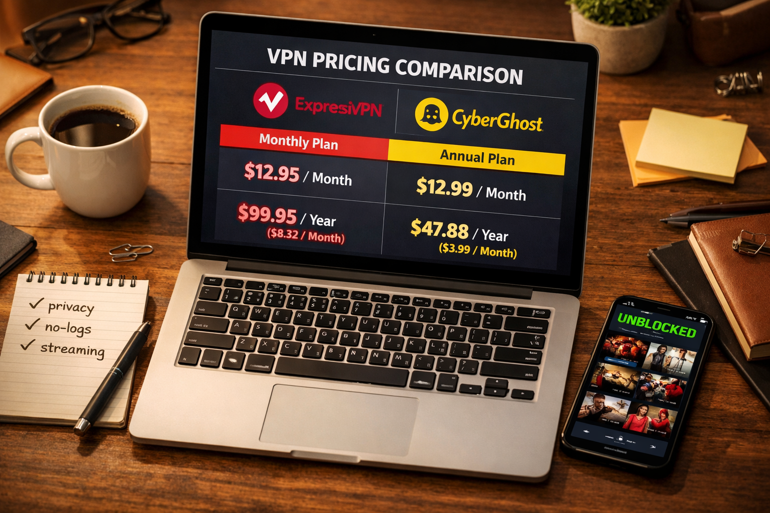 () showing a top-down flat-lay composition of a small business office desk with a laptop screen displaying a VPN pricing