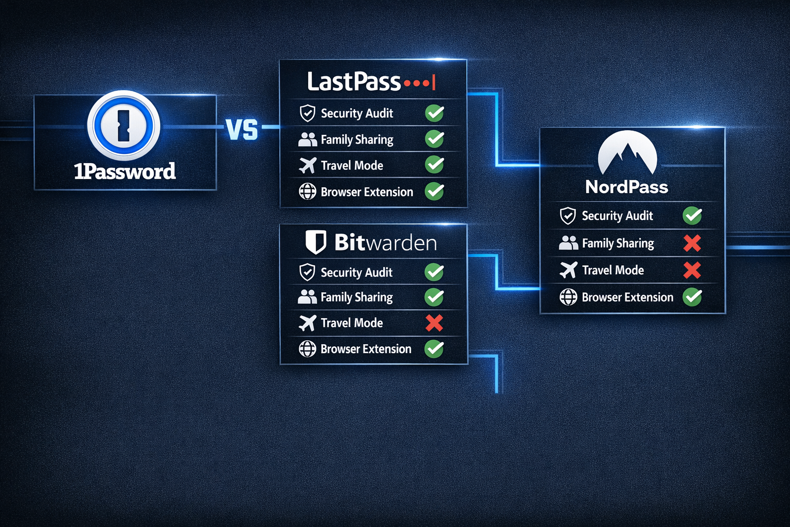 () side-by-side competitor comparison visual showing 1Password logo versus LastPass, Bitwarden, and NordPass logos arranged