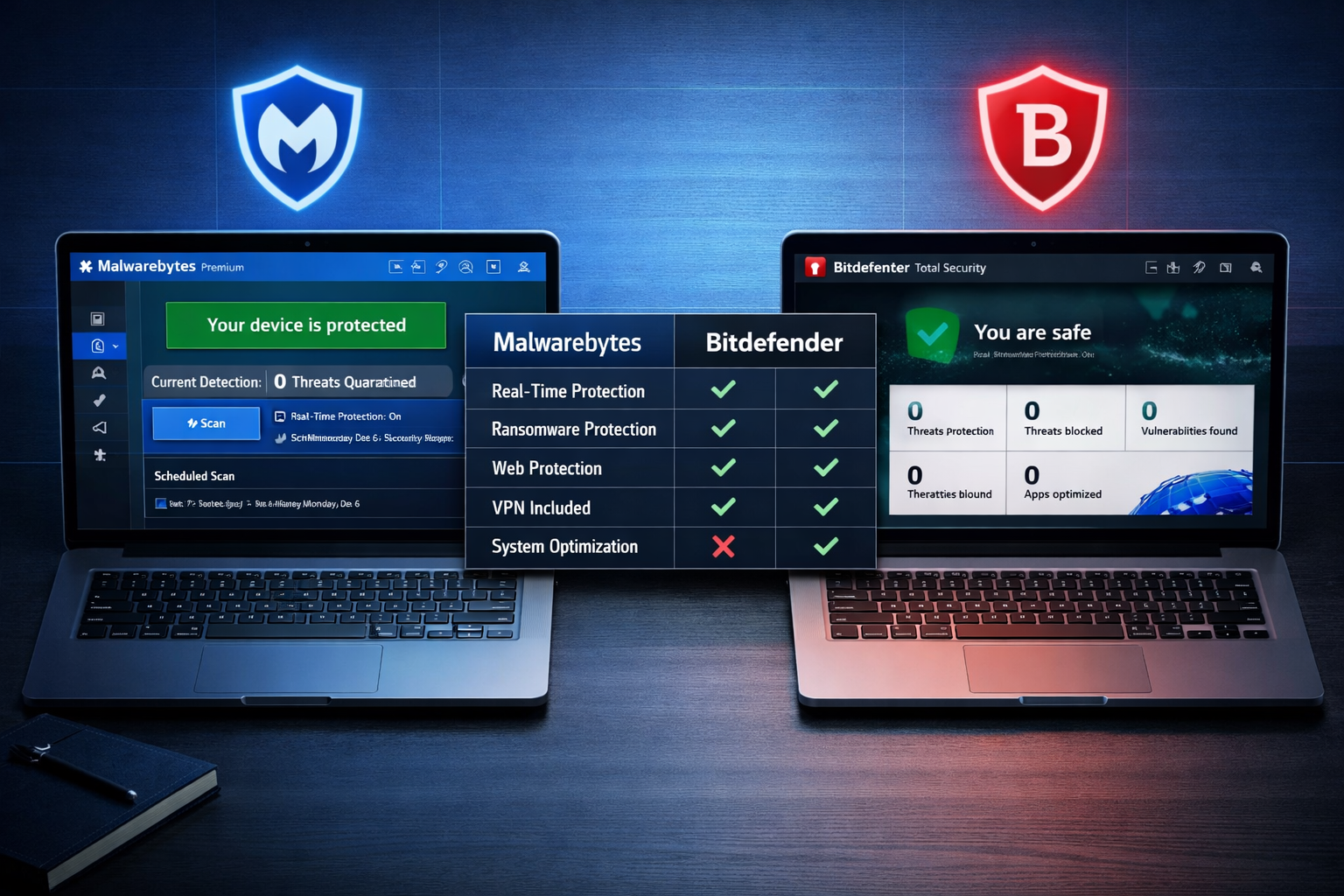 () side-by-side feature comparison infographic showing Malwarebytes and Bitdefender product dashboards on dual laptop