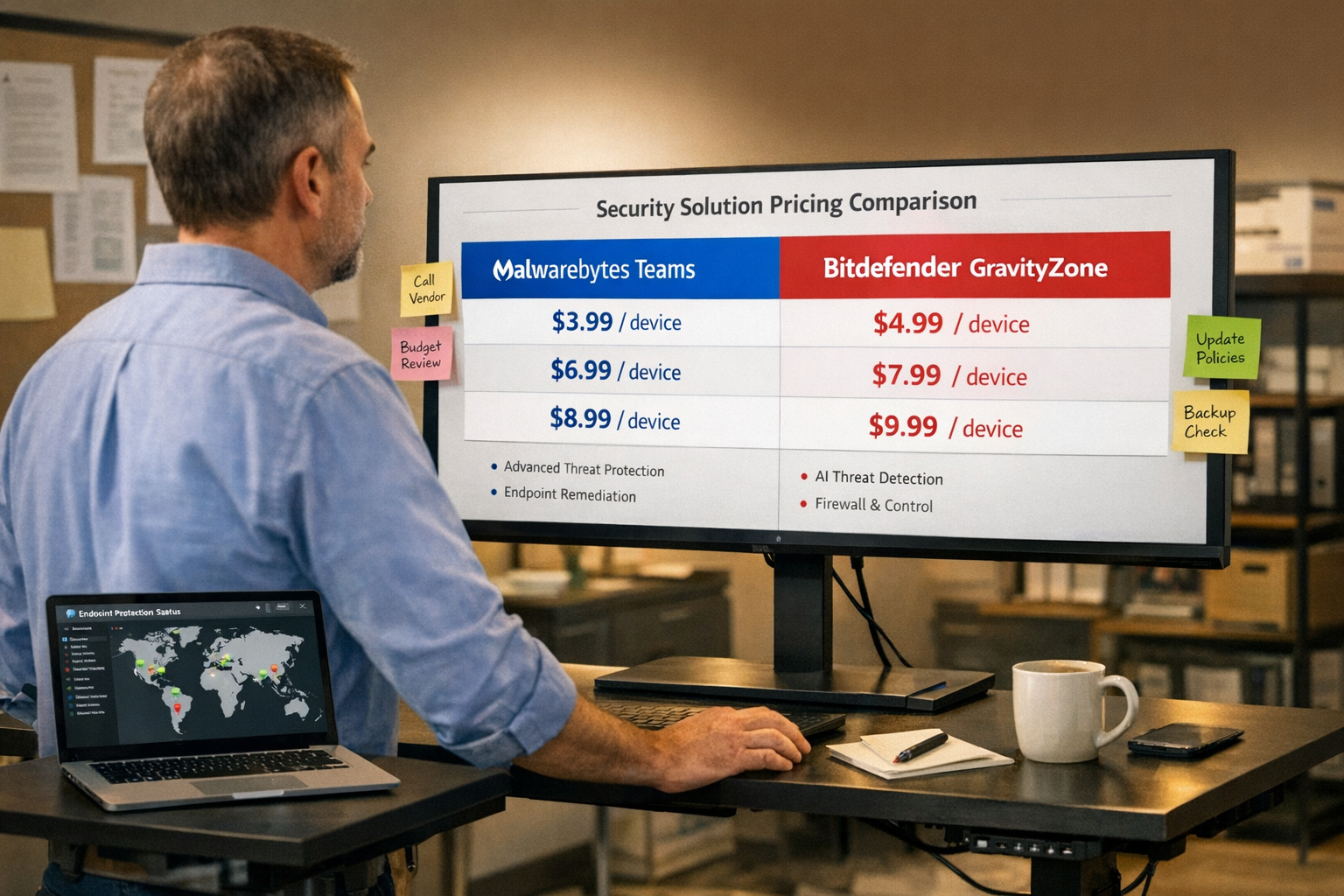 () small business office environment showing an IT manager at a standing desk reviewing a cybersecurity dashboard on a large