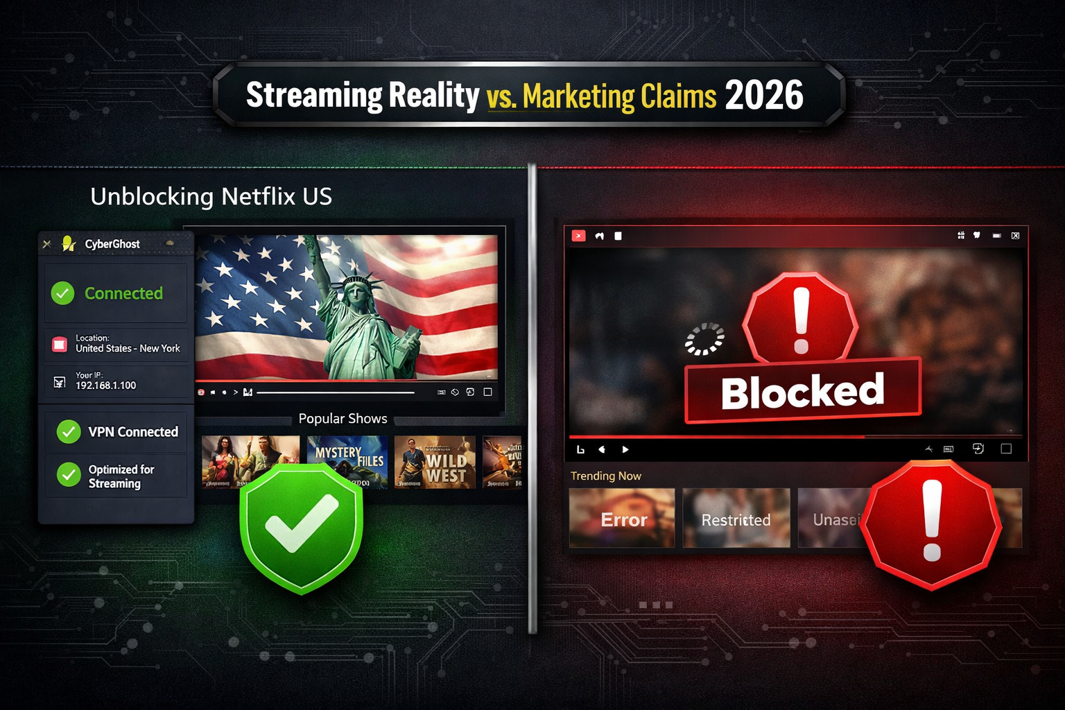() split-screen comparison image: left side shows CyberGhost streaming interface successfully unblocking Netflix US with