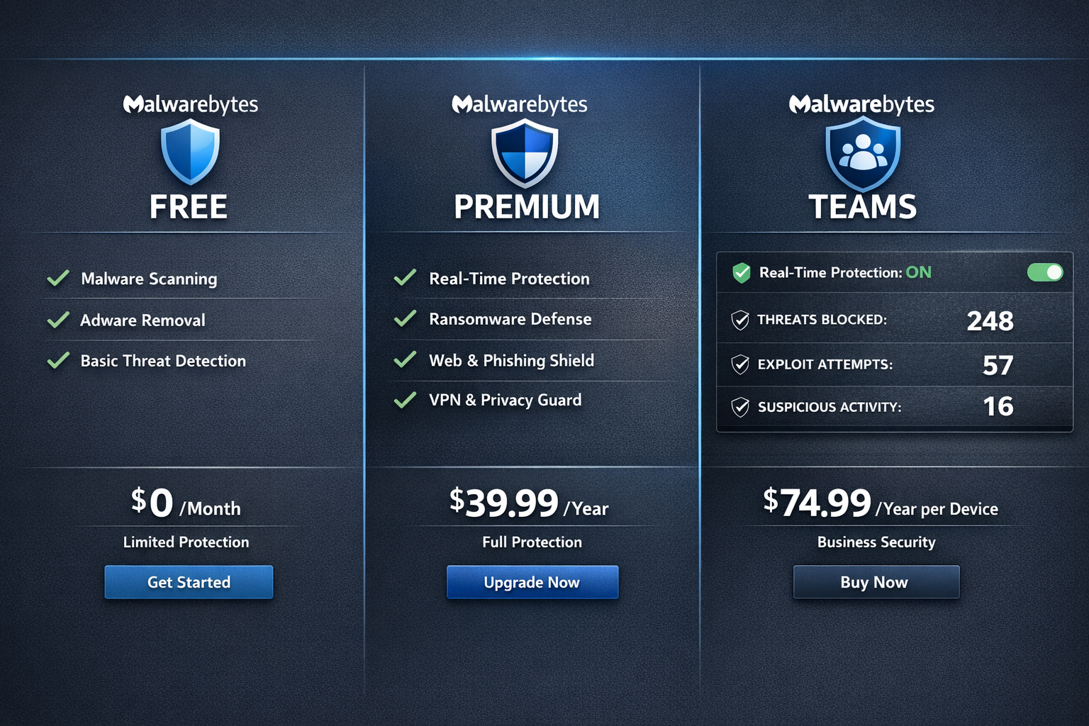 () split-screen comparison infographic showing Malwarebytes Free vs Premium vs Teams plan tiers side by side, with feature
