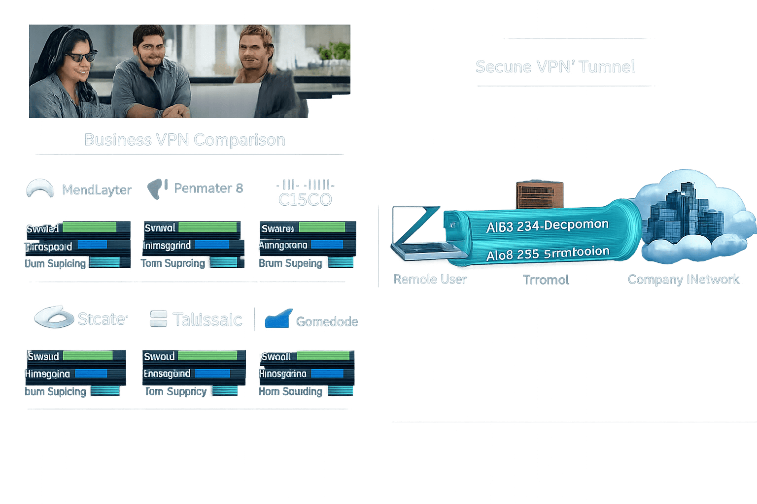 () split-screen comparison infographic showing six business VPN service logos arranged in a clean grid on a dark background,