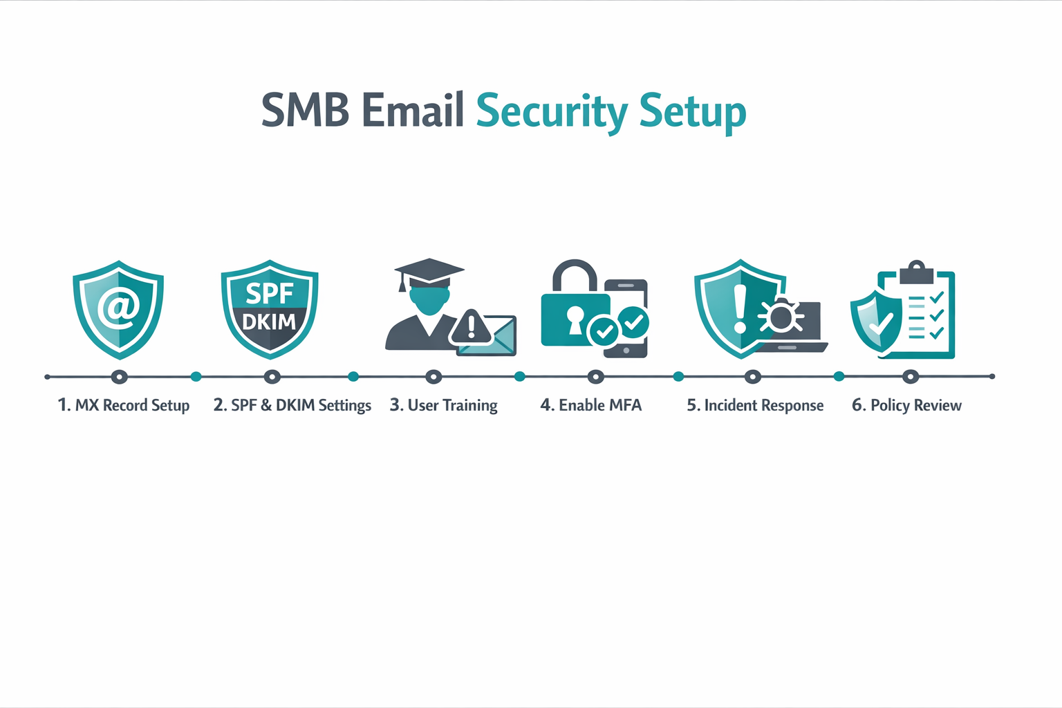 () step-by-step checklist illustration for SMB email security setup: numbered steps 1 through 6 shown as connected milestone