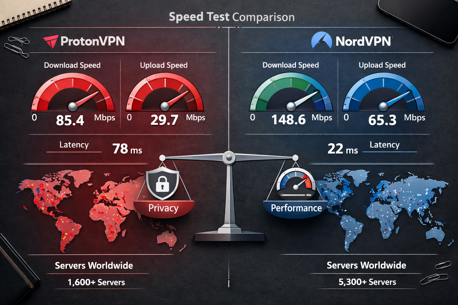 () top-down flat-lay style infographic showing a speed test dashboard split into two halves on a dark desk surface, left