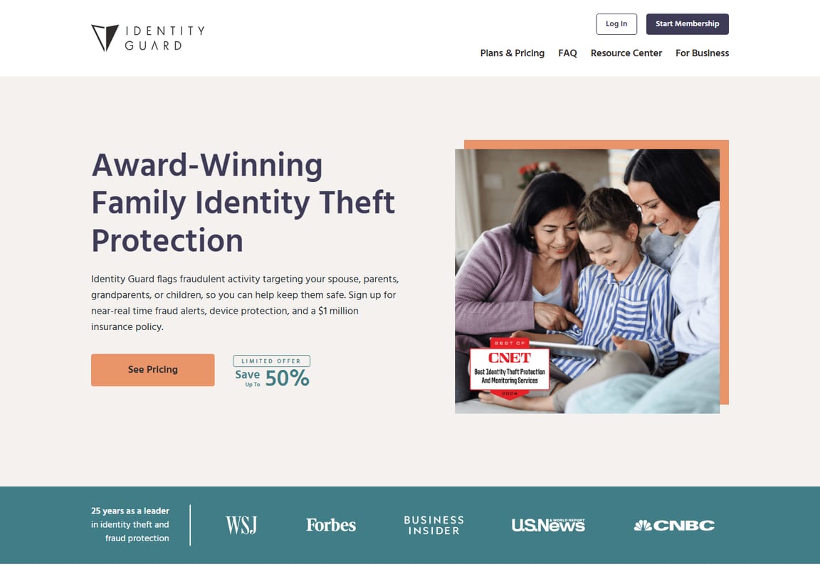 Identity Guard family identity theft protection page showing family plan information.