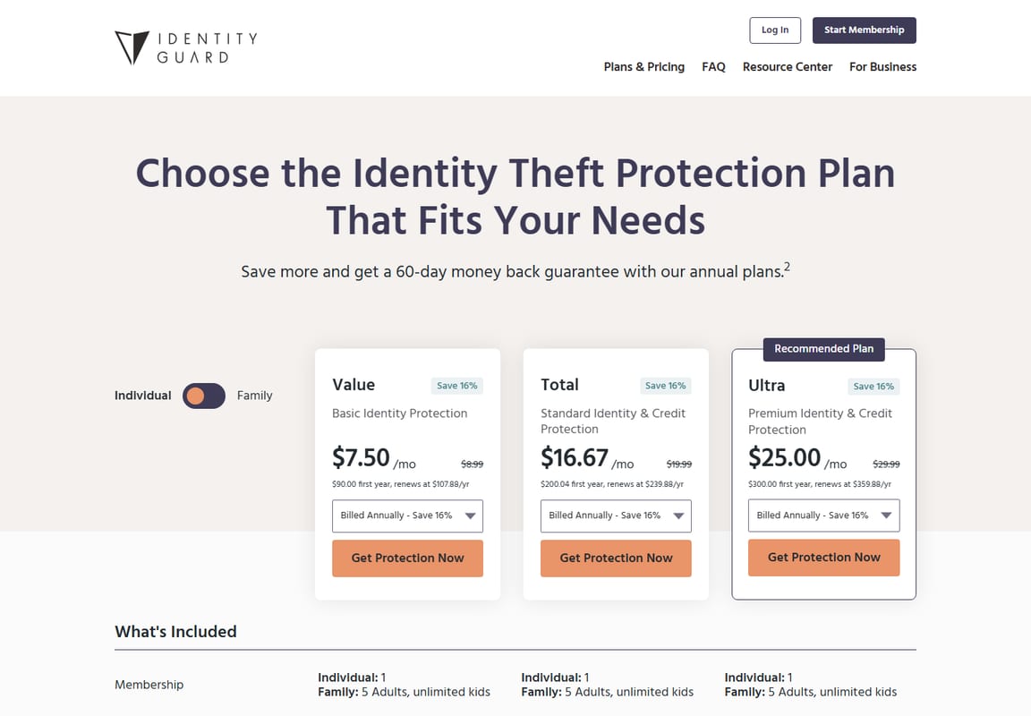 Identity Guard plan grid page showing identity theft protection plan options.