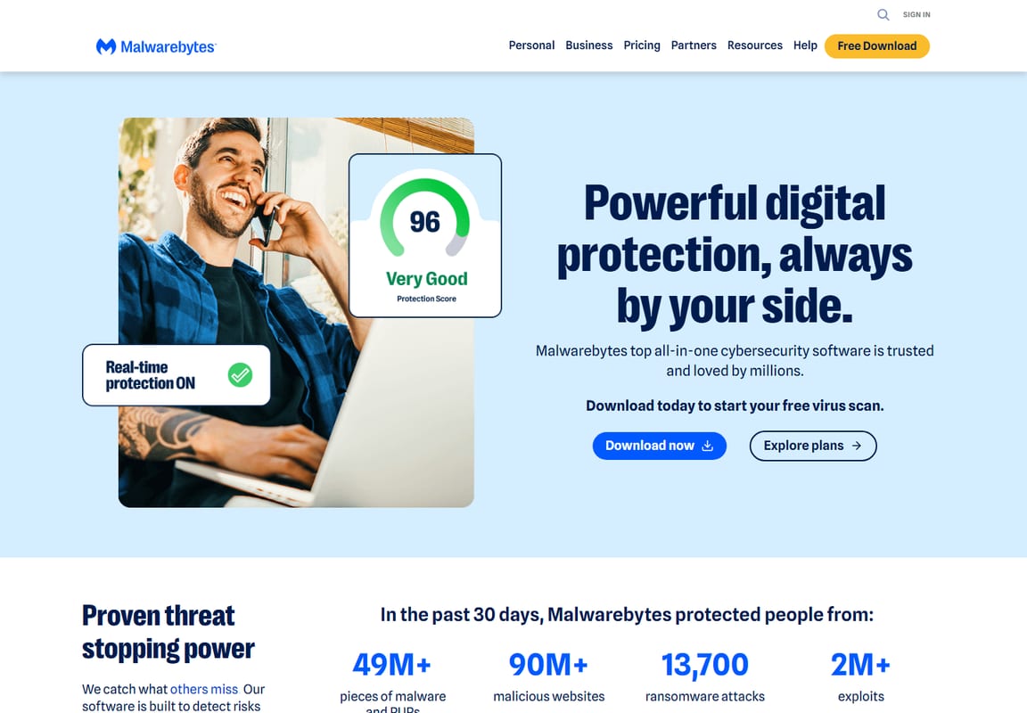 Malwarebytes page showing device security information for families.