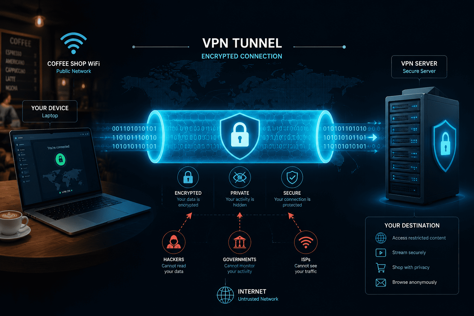 () conceptual illustration showing a cross-section diagram of a VPN tunnel: on the left a laptop on a coffee shop WiFi