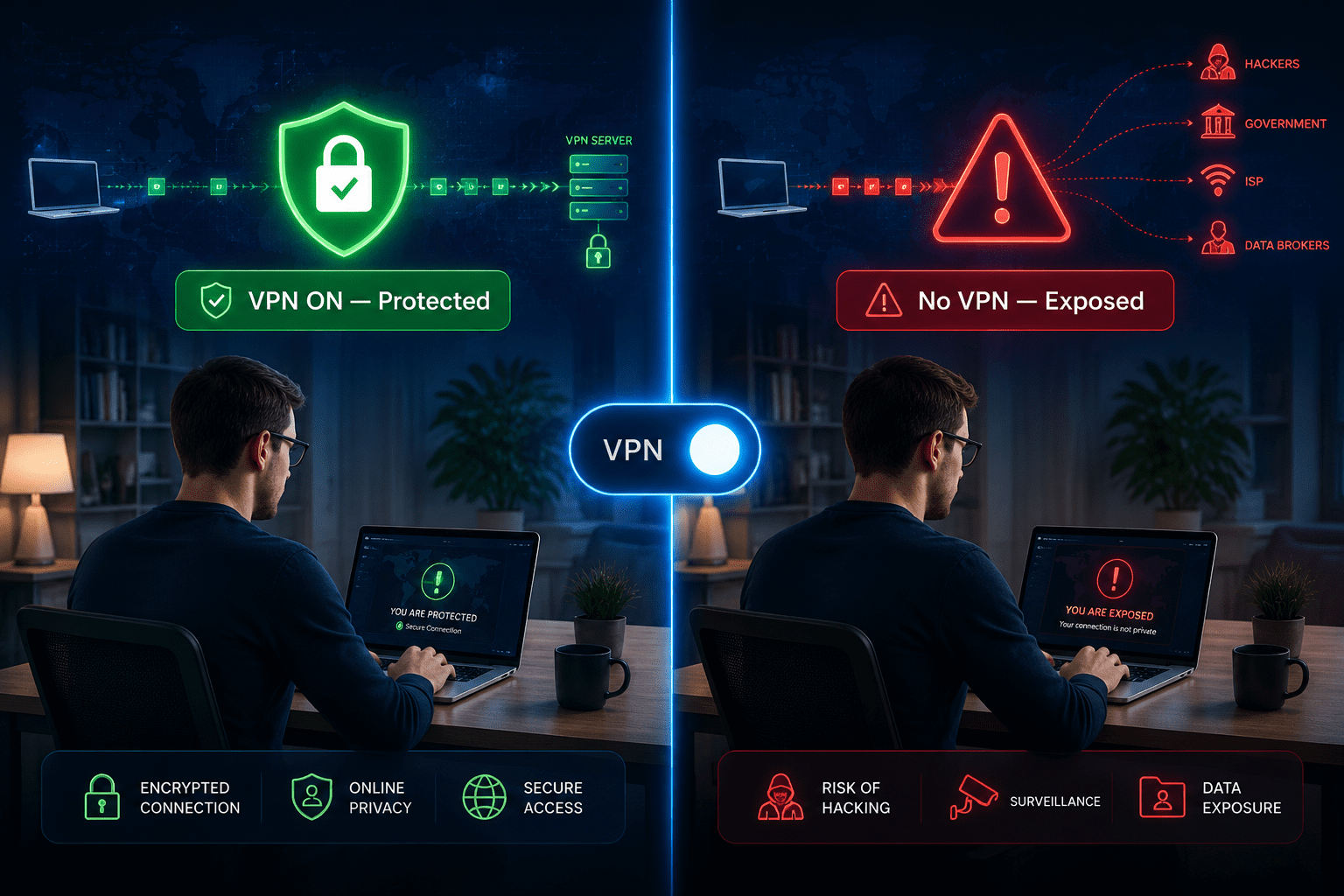 () split-screen comparison image: left side shows a person working remotely on a laptop in a modern home office with a green