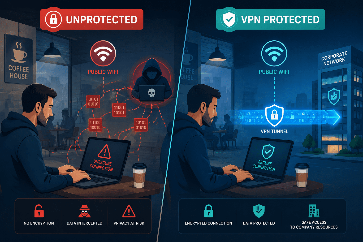 () split-screen infographic illustration showing left side: a remote worker on a laptop at a coffee shop with red warning