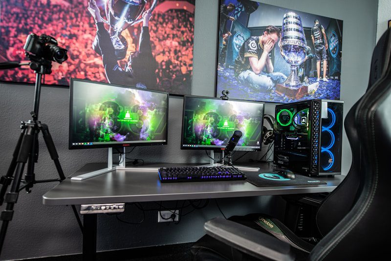 Content creator desk setup with dual monitors and camera